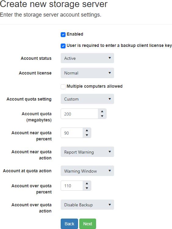 Storage Server Account Creation Settings